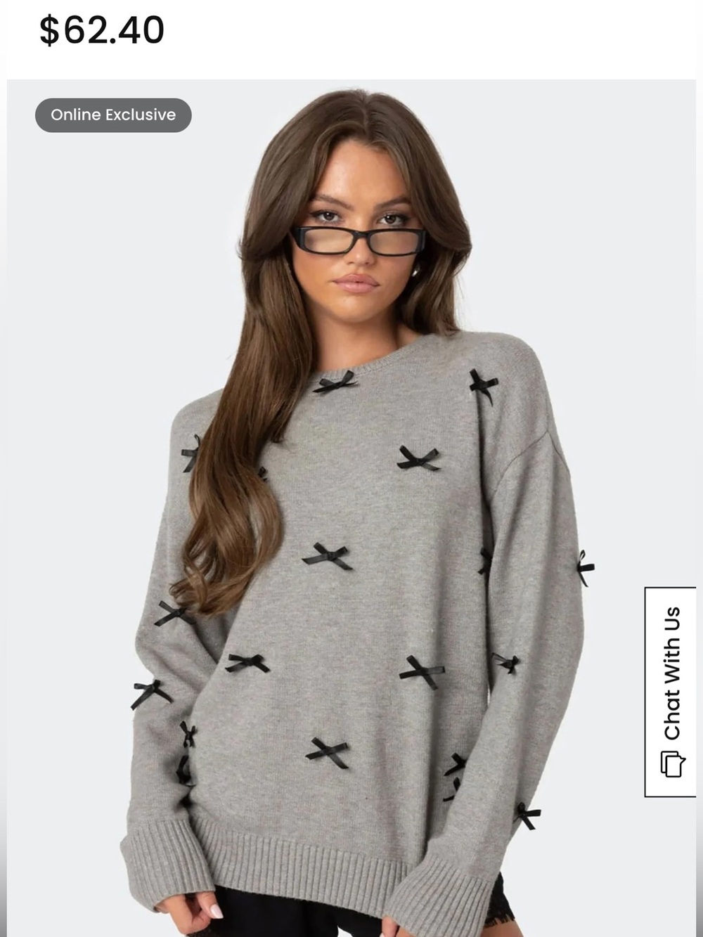 Grey Knit Sweater with Black Bow Accent Edikted